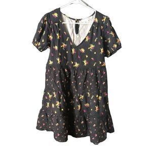 ROW A Floral Print Puff Short Sleeve V-Neck Babydoll Mini Dress Size M NWT